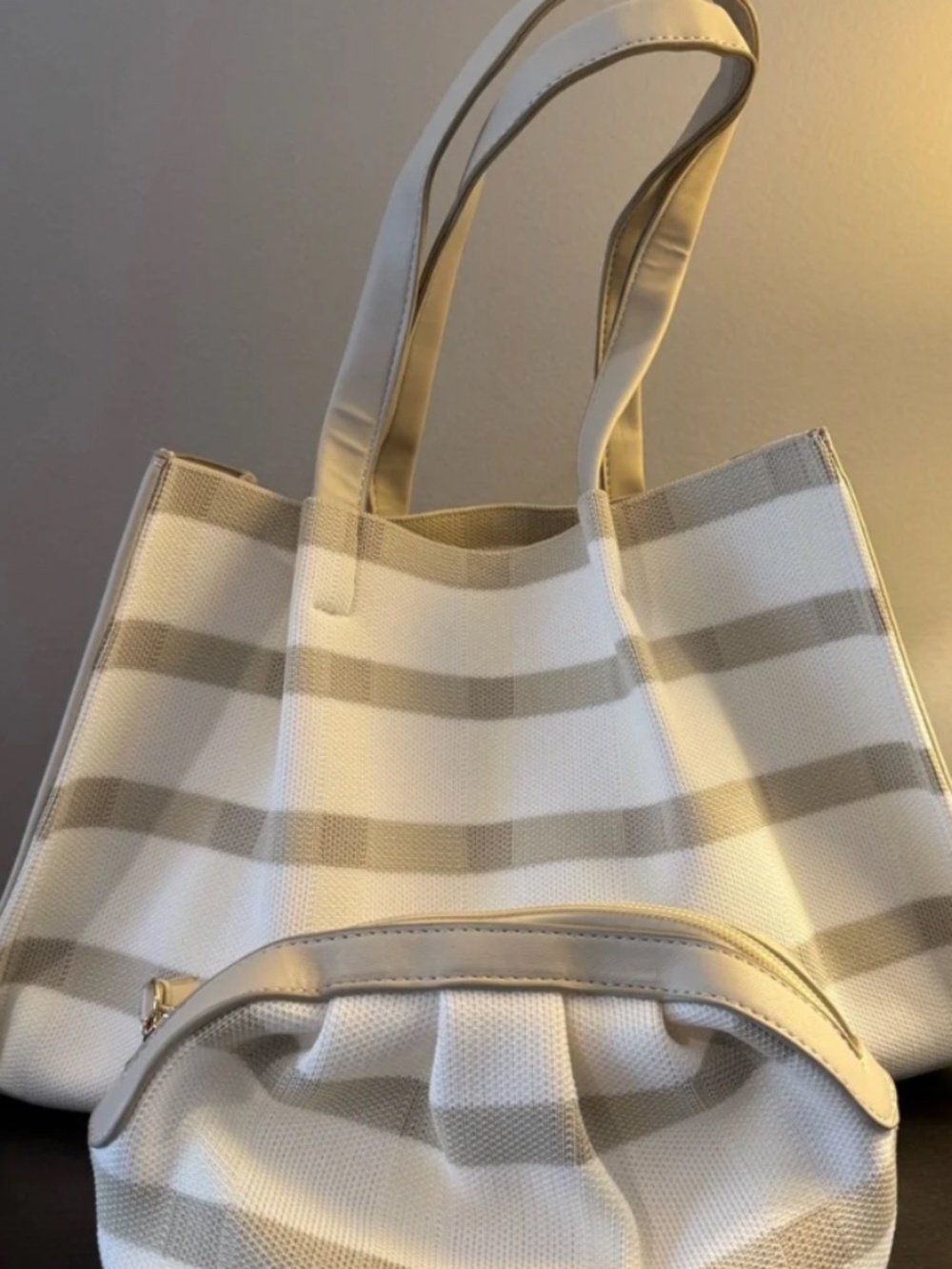 Neiman Marcus Ecru Stripe Woven Tote and Small Zip Pouch NEW